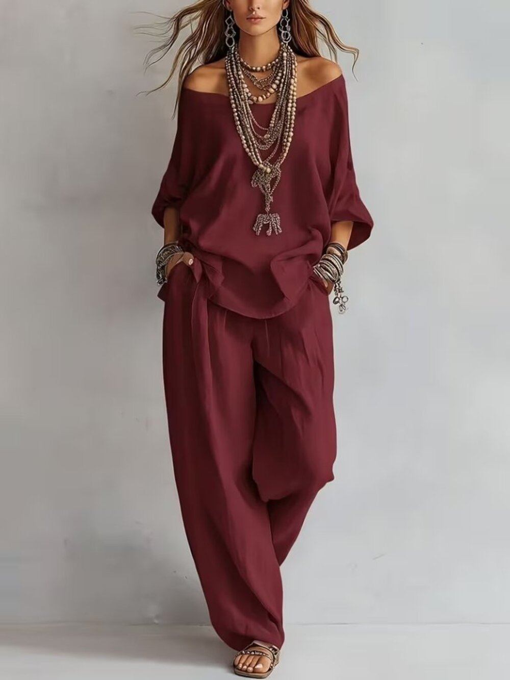 Burgundy Off Shoulder Top Wide Leg Pants 2 Piece Set XL XXL NWT